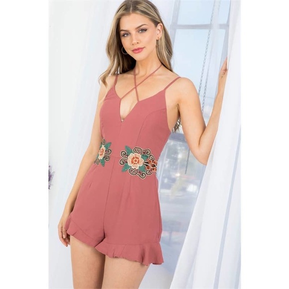 ILLA ILLA Pants - Rose Boho Embroidered Romper Ruffle Hem Romper